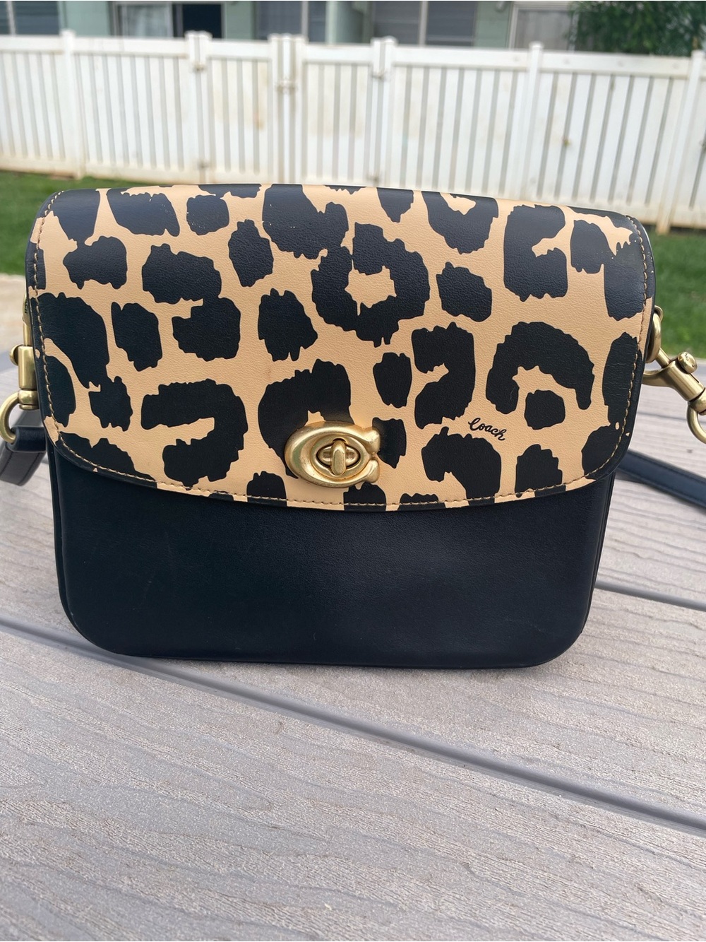 Coach Cassie Leopard Print and Black Leather Crossbody Bag